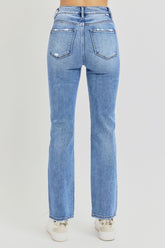 RISEN Women's Distressed High-Rise Ankle Straight Jeans - Chic Vintage Style with Comfort